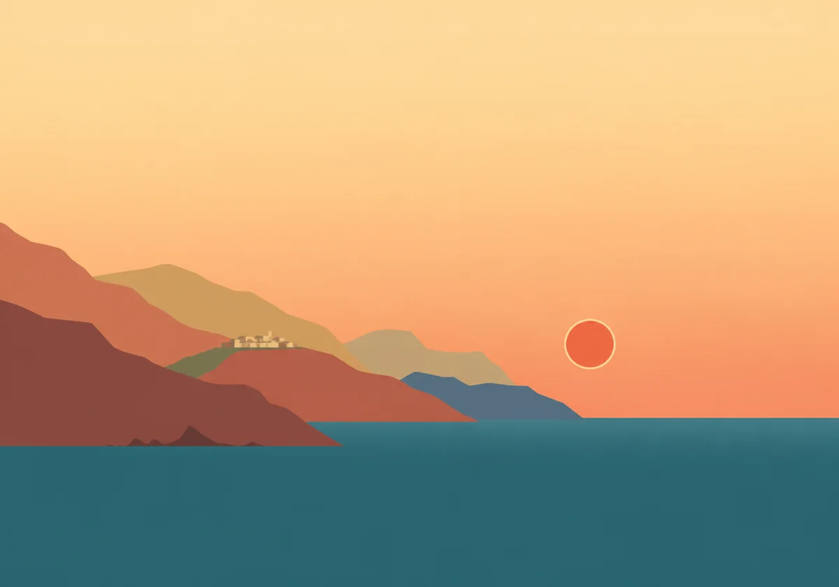 Layered Sicilian headlands and a hilltop village above a calm sea at sunset