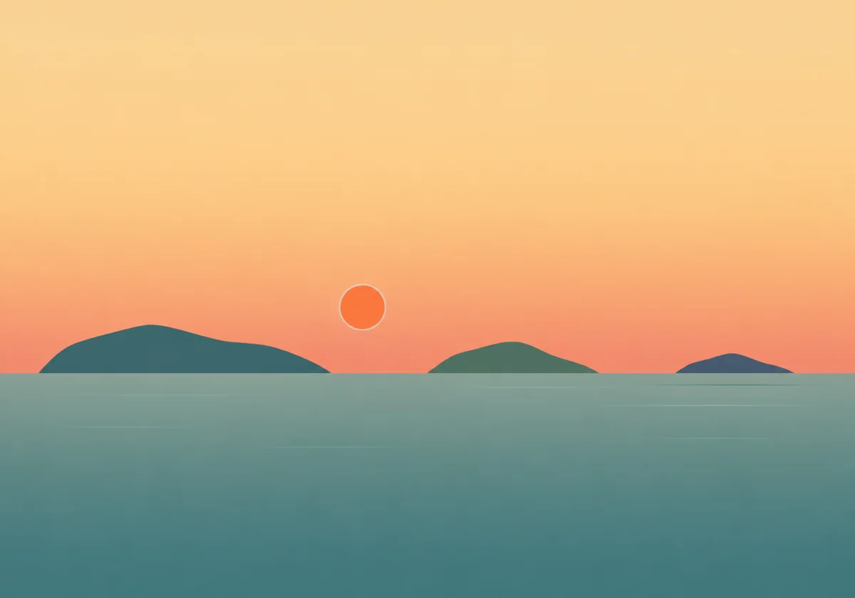 Three quiet islands resting in a wide calm sea at sunset