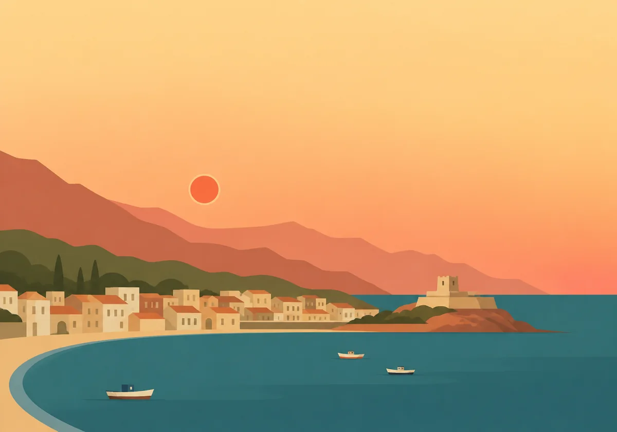 Curved Sicilian harbour with a waterfront village, fort and fishing boats at sunset
