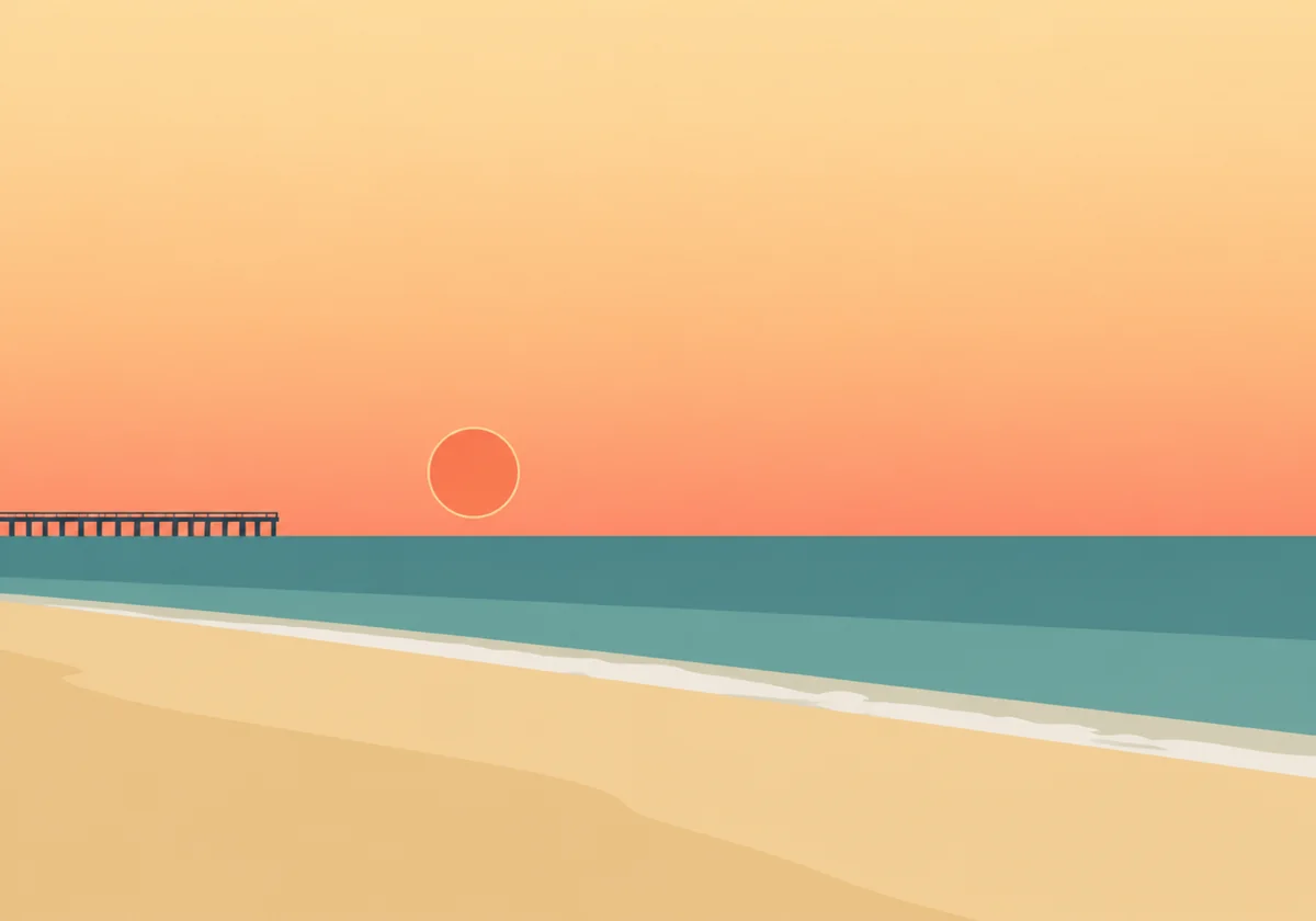 Wide Flagler Beach shoreline with a low pier and sunrise over the Atlantic