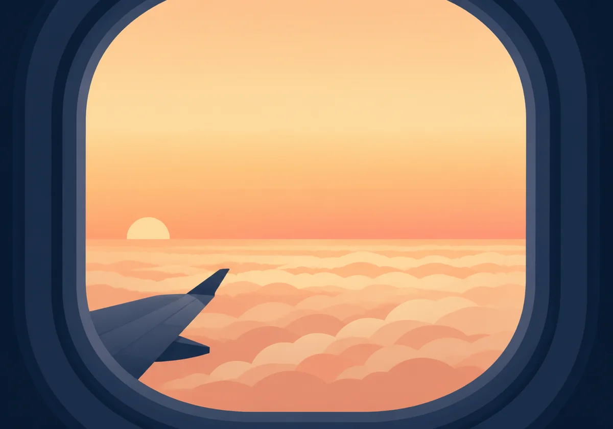 View from an aeroplane window over a cloud layer at sunset