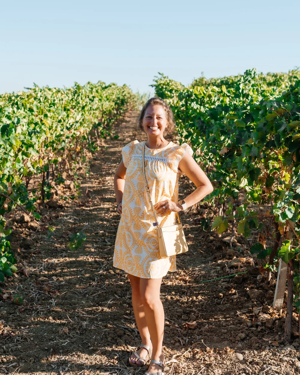 Carla standing between rows of vines at a Sicilian winery