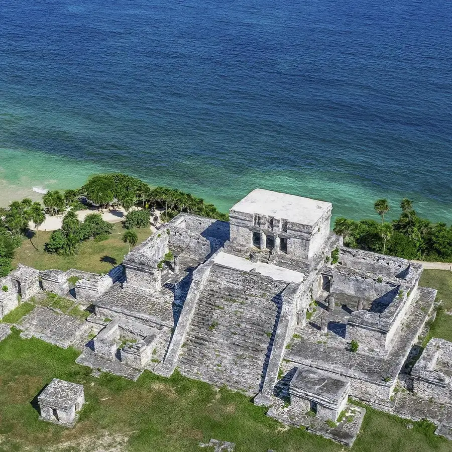 The Tulum Mayan ruins on the cliffs above the Caribbean, seen from the air